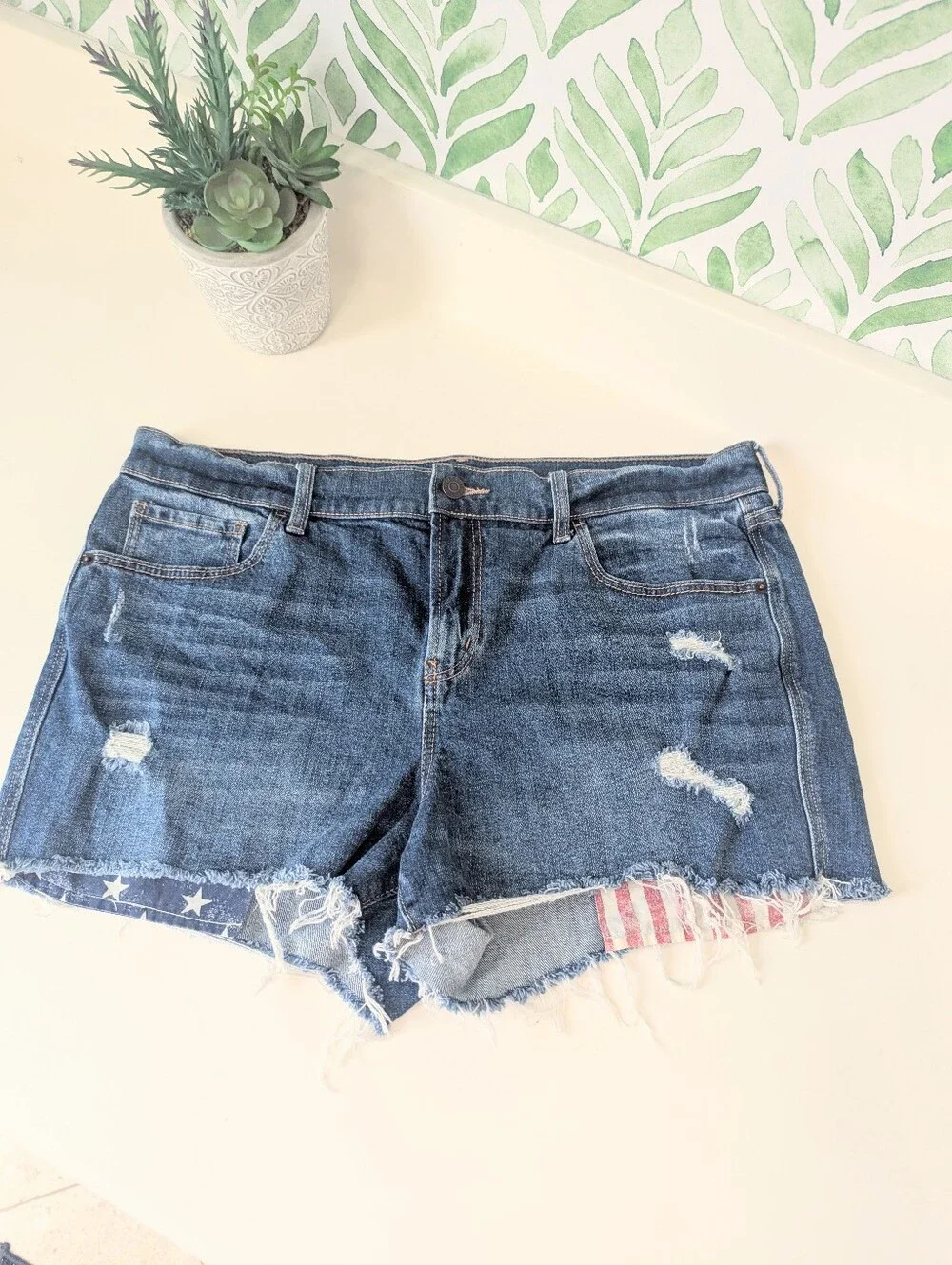 Americana Jean Shorts Distressed Flag Coastal Summer Frayed Beachy BBQ Casual